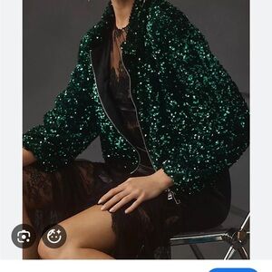 Anthropologie Emerald Sequin Bomber Jacket